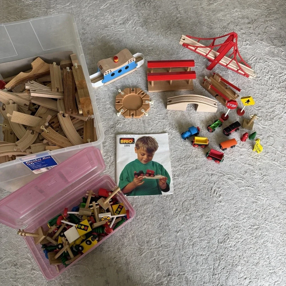 Vtg 1991 BRIO Wooden Train Set 100+pc Lot w/Crane Bridge Track Buildings Cars